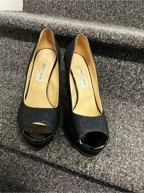 Jimmy Choo Black Glitter Peep-Toe Platform Pumps